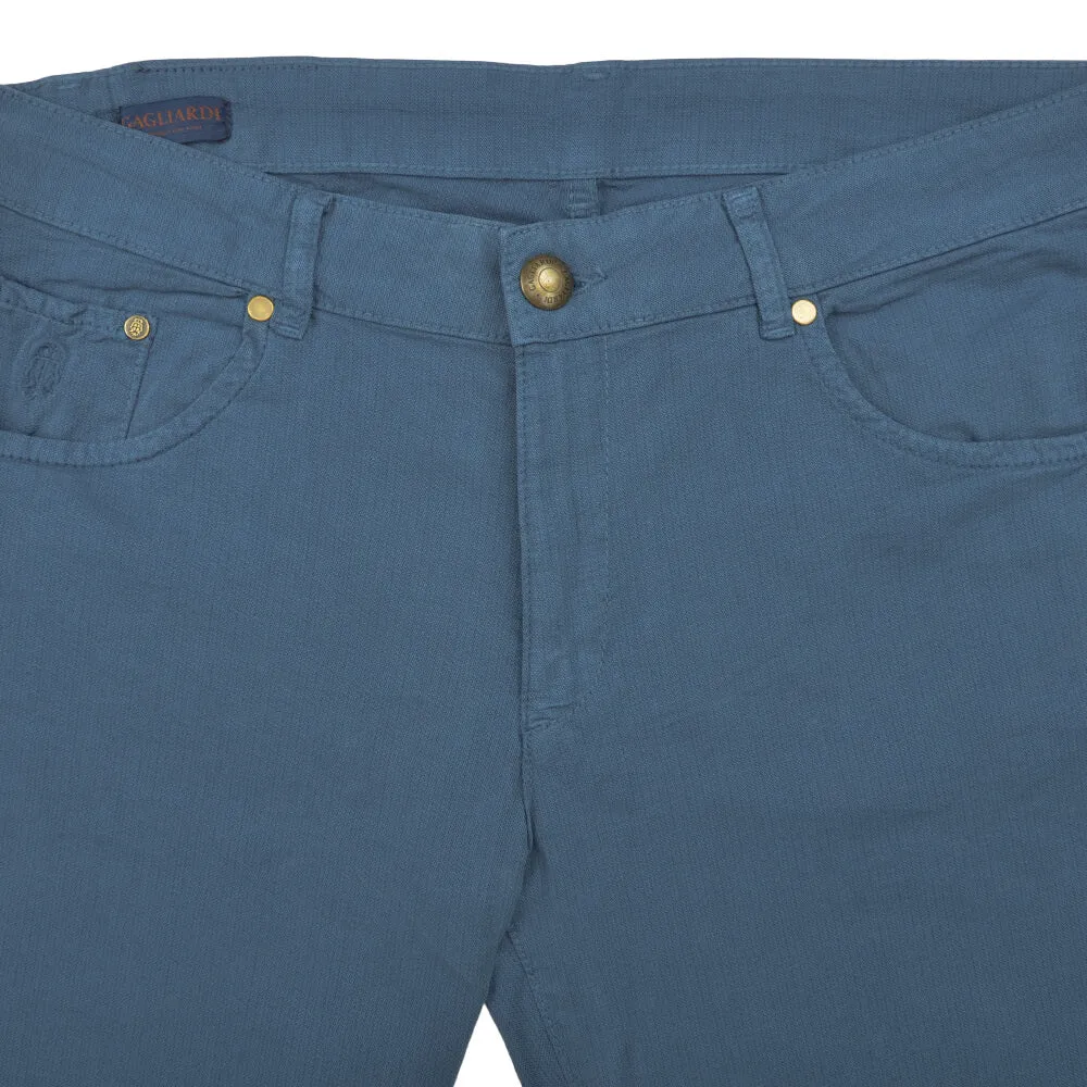 Blue Stretch Cotton Textured Five Pocket Trousers