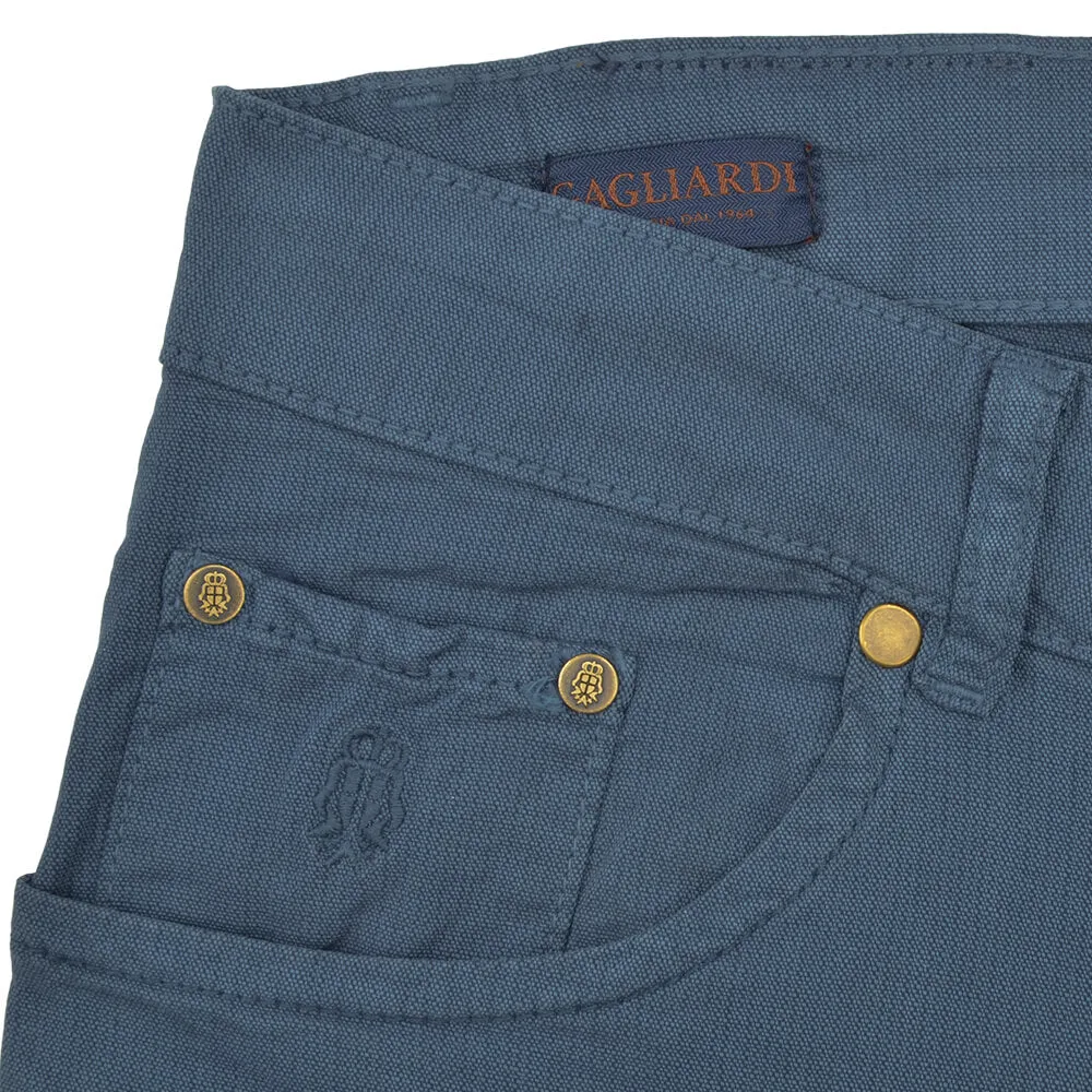 Blue Stretch Cotton Textured Five Pocket Trousers
