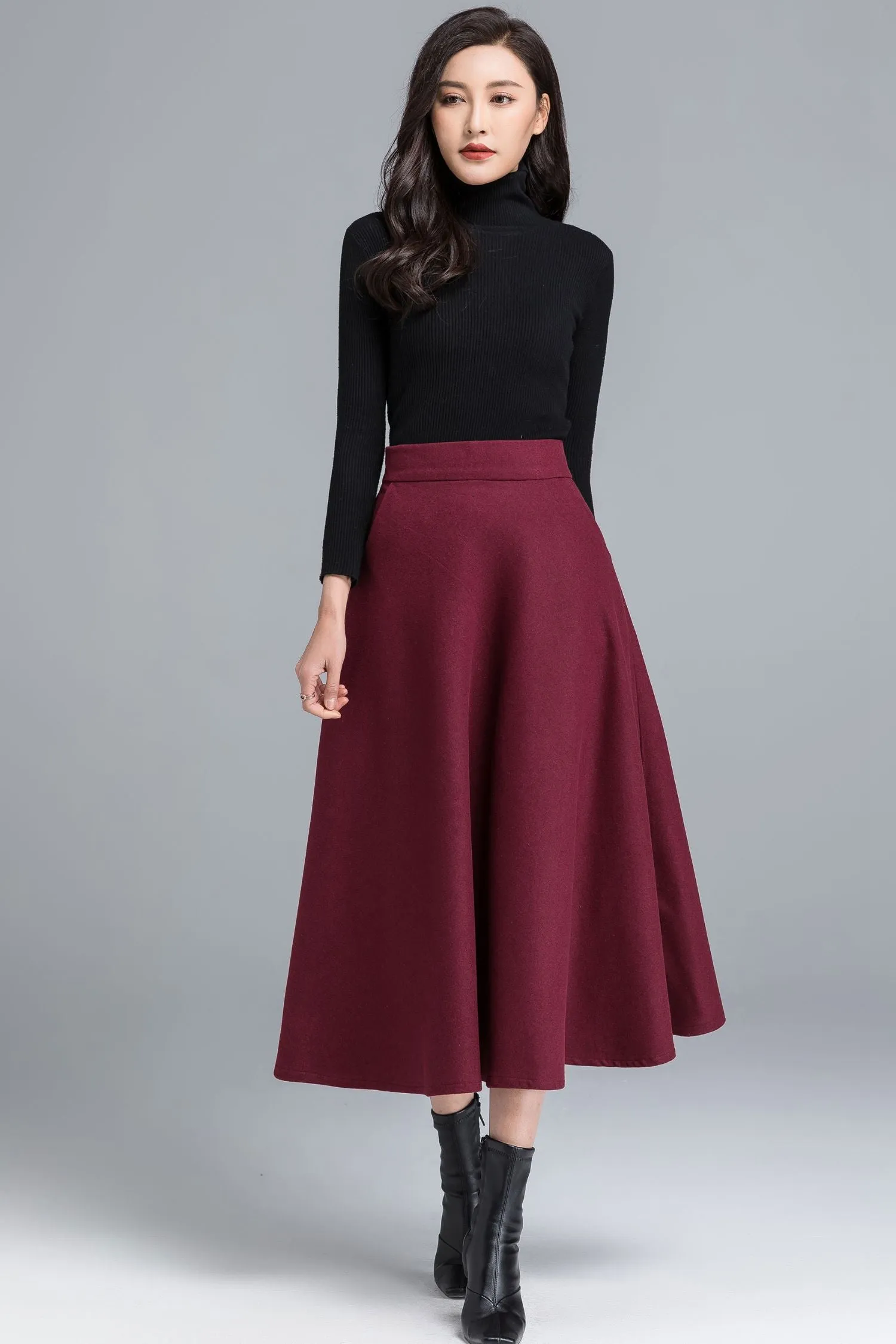 Burgundy Midi Winter Wool Skirt 2490