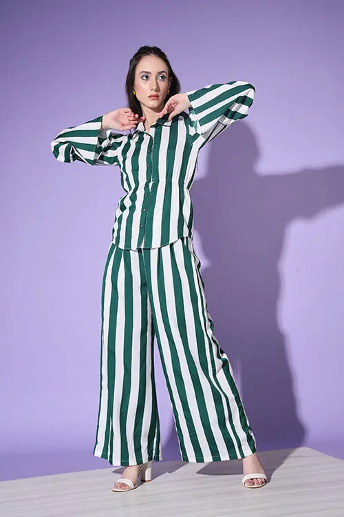 Green Stripe Shirt With Trouser Co-Ord Set