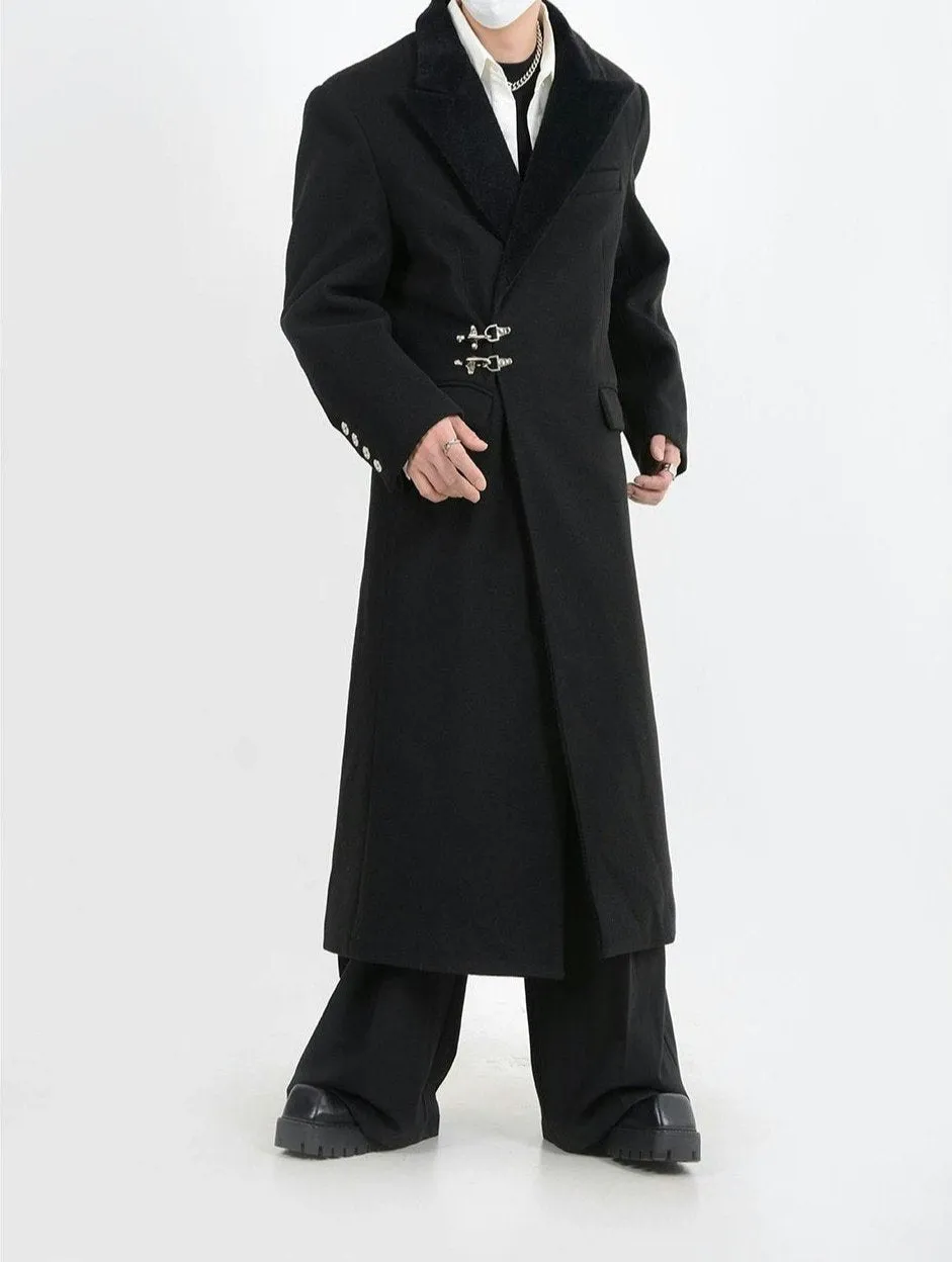 Oversized Velvet-Lapel Long Coat with Metal Buckles
