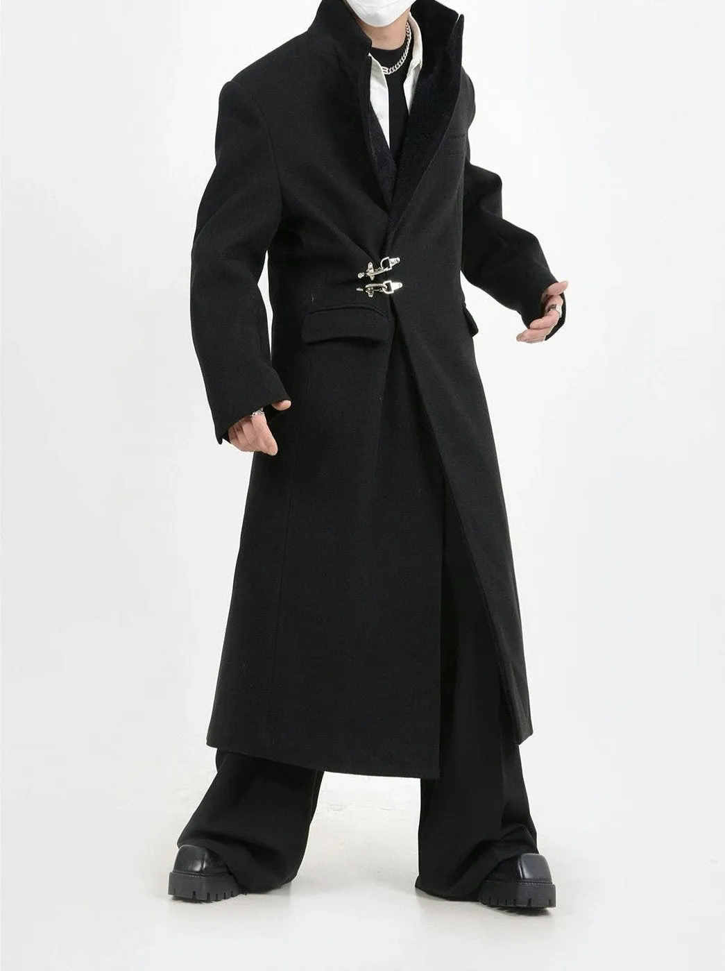 Oversized Velvet-Lapel Long Coat with Metal Buckles